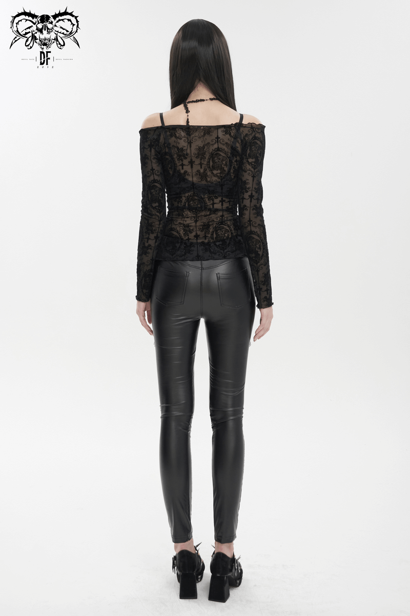 Back view of a black gothic off-shoulder lace top paired with shiny black leggings, perfect for a stylish gothic look.