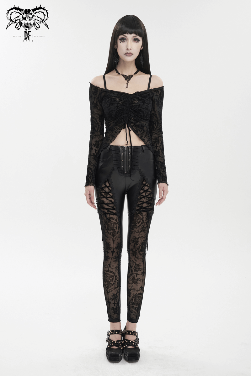 Gothic Off Shoulders Top with Drawstring on Front / Sexy Long Sleeves Black Lace Top