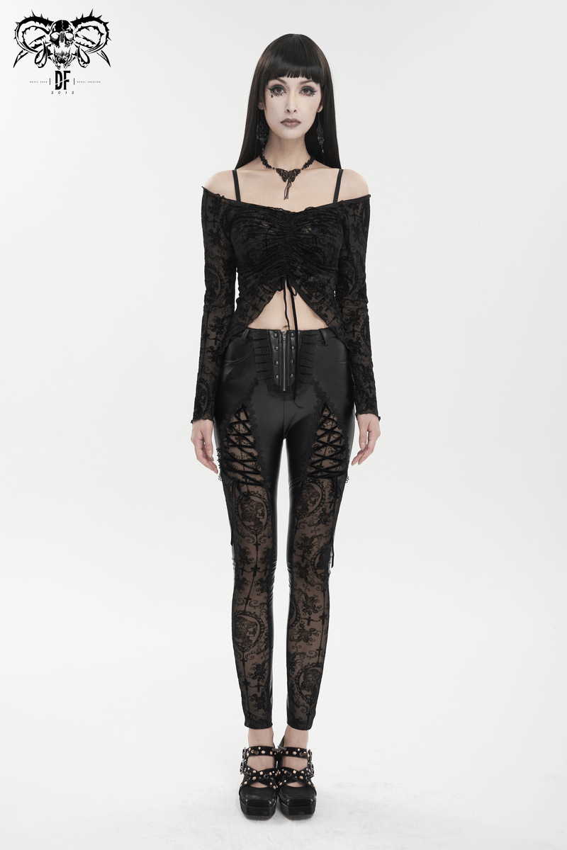 Gothic off-shoulder black lace top with drawstring, paired with stylish lace-up pants, perfect for a gothic wardrobe.