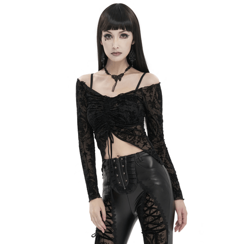 Schulterfreies Gothic-Top mit Kordelzug vorne / Sexy langärmliges schwarzes Spitzentop