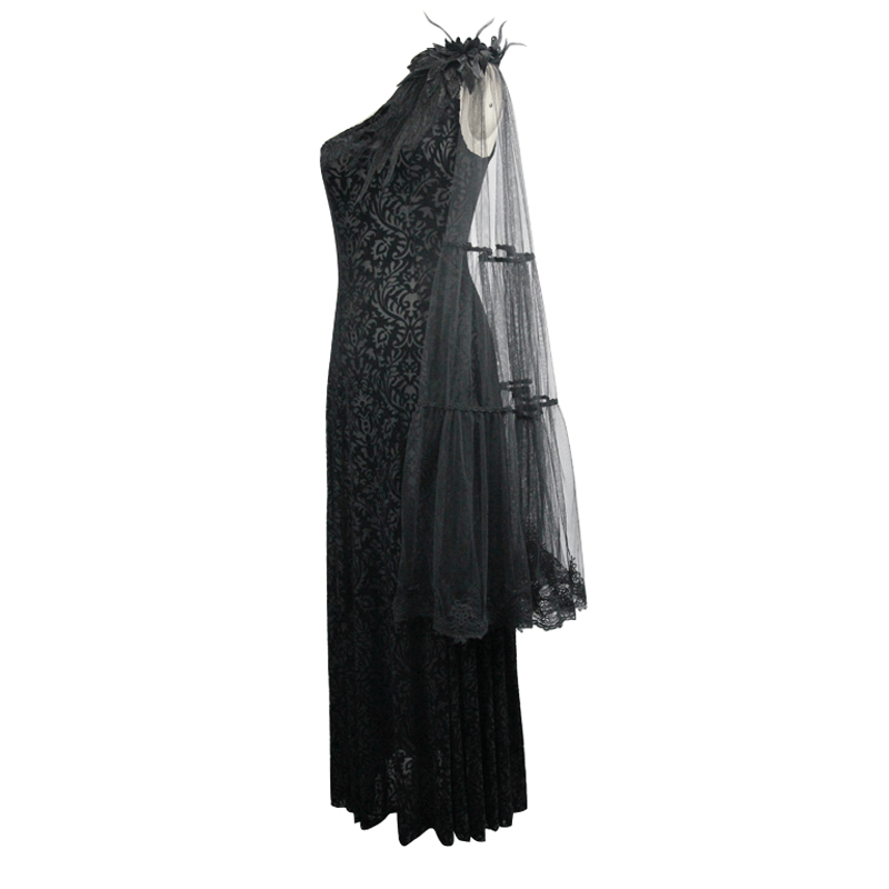 Gothic One Shoulder Sleeve Long Dress / Women's Black Vintage Pattern Dress - HARD'N'HEAVY