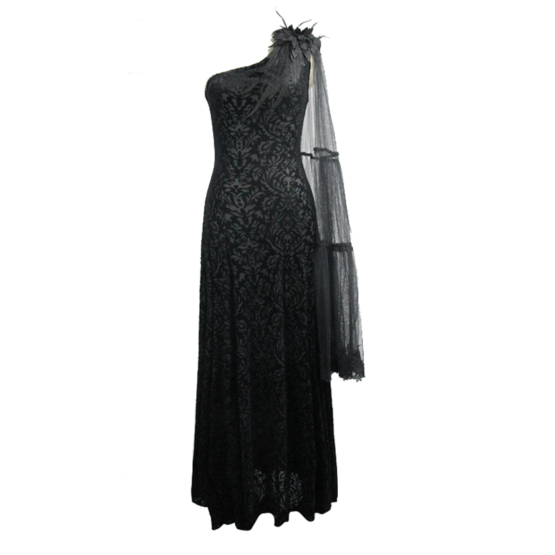 Gothic One Shoulder Sleeve Long Dress / Women's Black Vintage Pattern Dress with Feather on Shoudler - HARD'N'HEAVY