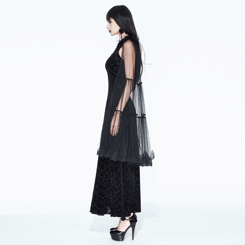 Gothic One Shoulder Sleeve Long Dress / Women's Black Vintage Pattern Dress with Feather on Shoudler - HARD'N'HEAVY