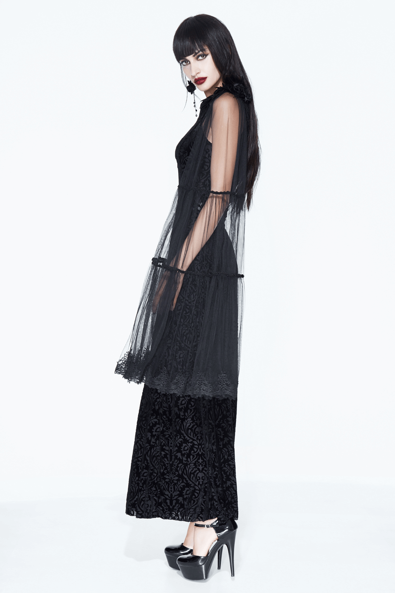 Gothic One Shoulder Sleeve Long Dress / Women's Black Vintage Pattern Dress - HARD'N'HEAVY
