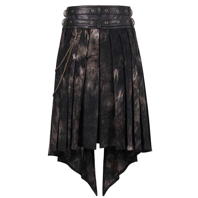 Gothic men's irregular half skirt with buckle belts, chains, and rivets in a stylish dark design.