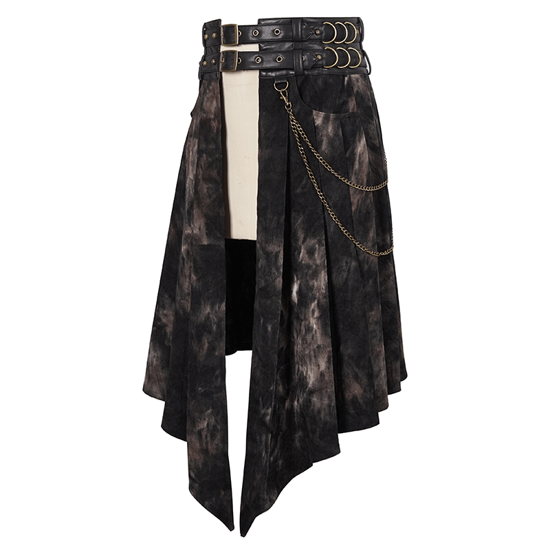 Gothic open front irregular men's half skirt with buckle belts, chains, and rivets in a trendy dark design.