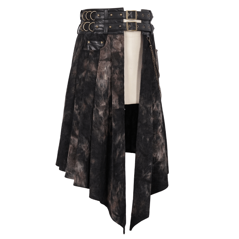 Gothic Open Front Irregular Half Skirt / Men's Half Skirt With Buckle Belts, Chain, Rings & Rivets - HARD'N'HEAVY