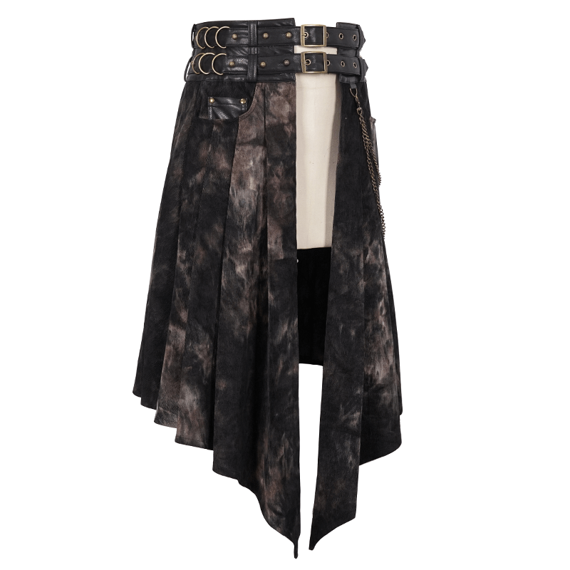 Gothic men's irregular half skirt featuring buckle belts, chains, and rivets for a stylish, edgy look.