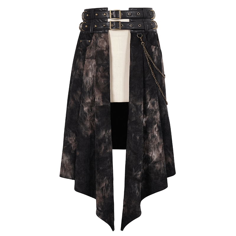 Gothic men's irregular half skirt with buckle belts, chains, and rivets, featuring an asymmetrical cut.