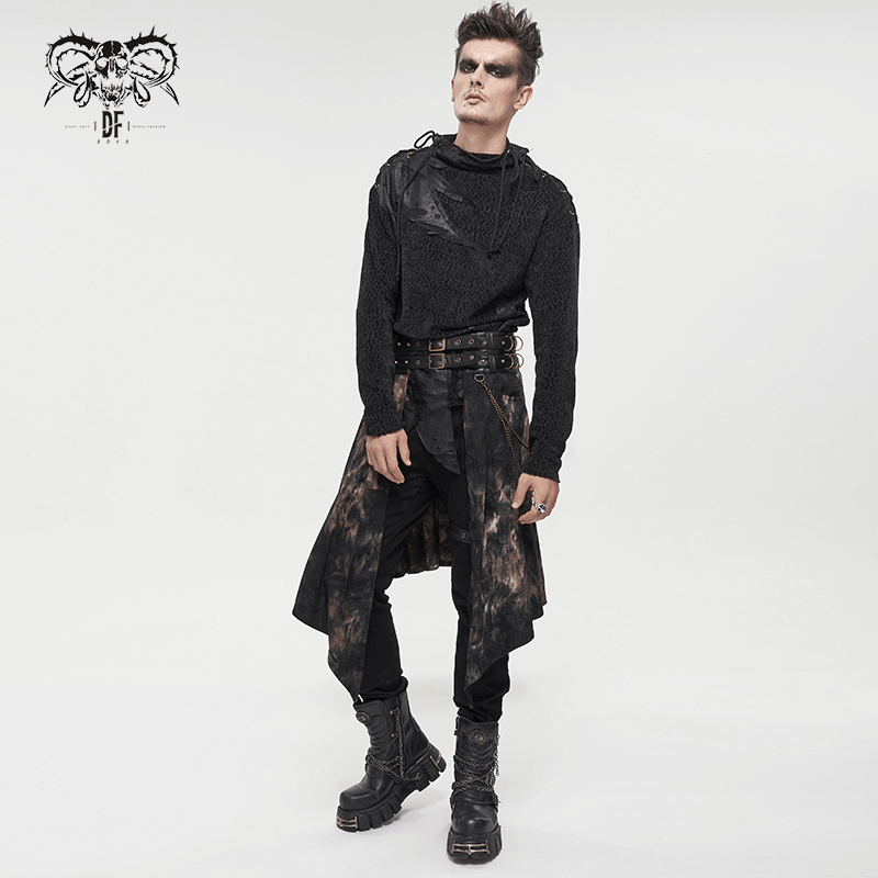 Gothic men's half skirt with irregular cut, featuring buckle belts, chains, and rivets, styled for a fashionable look.