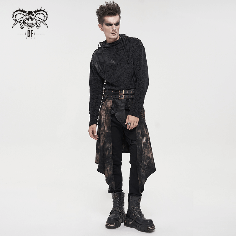 Stylish gothic men's half skirt with buckle belts, chains, and rivets paired with a long-sleeve black top.