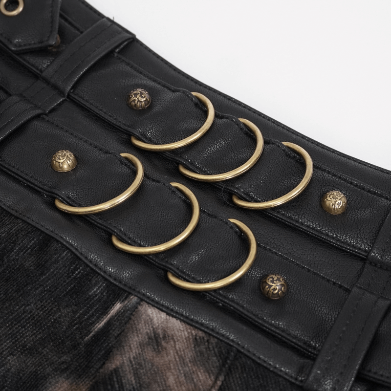 Close-up of gothic men's half skirt featuring bronze buckle belts, rings, and rivets for a stylish look.