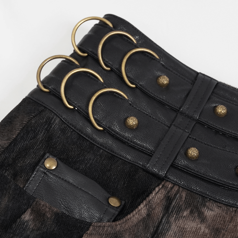 Close-up of gothic men's half skirt showcasing buckle belts, bronze rings, and rivets for stylish fashion accents.