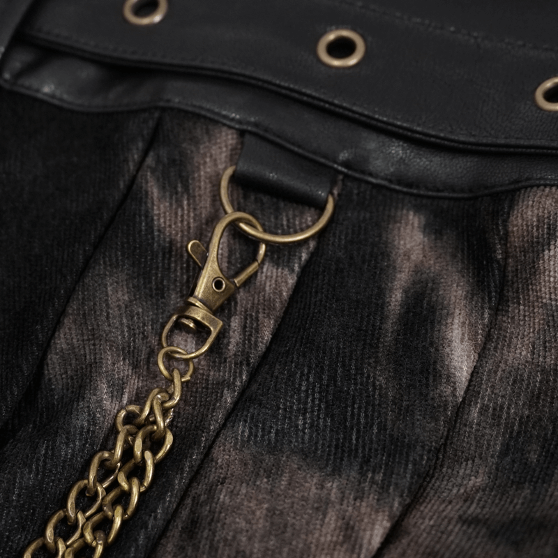 Close-up of the bronze chain and clasp detail on a gothic men's irregular half skirt.