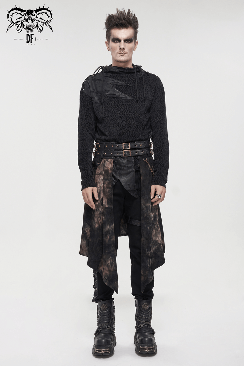 Stylish gothic men's half skirt with asymmetrical cut, chains, and rivets, paired with a textured dark top.
