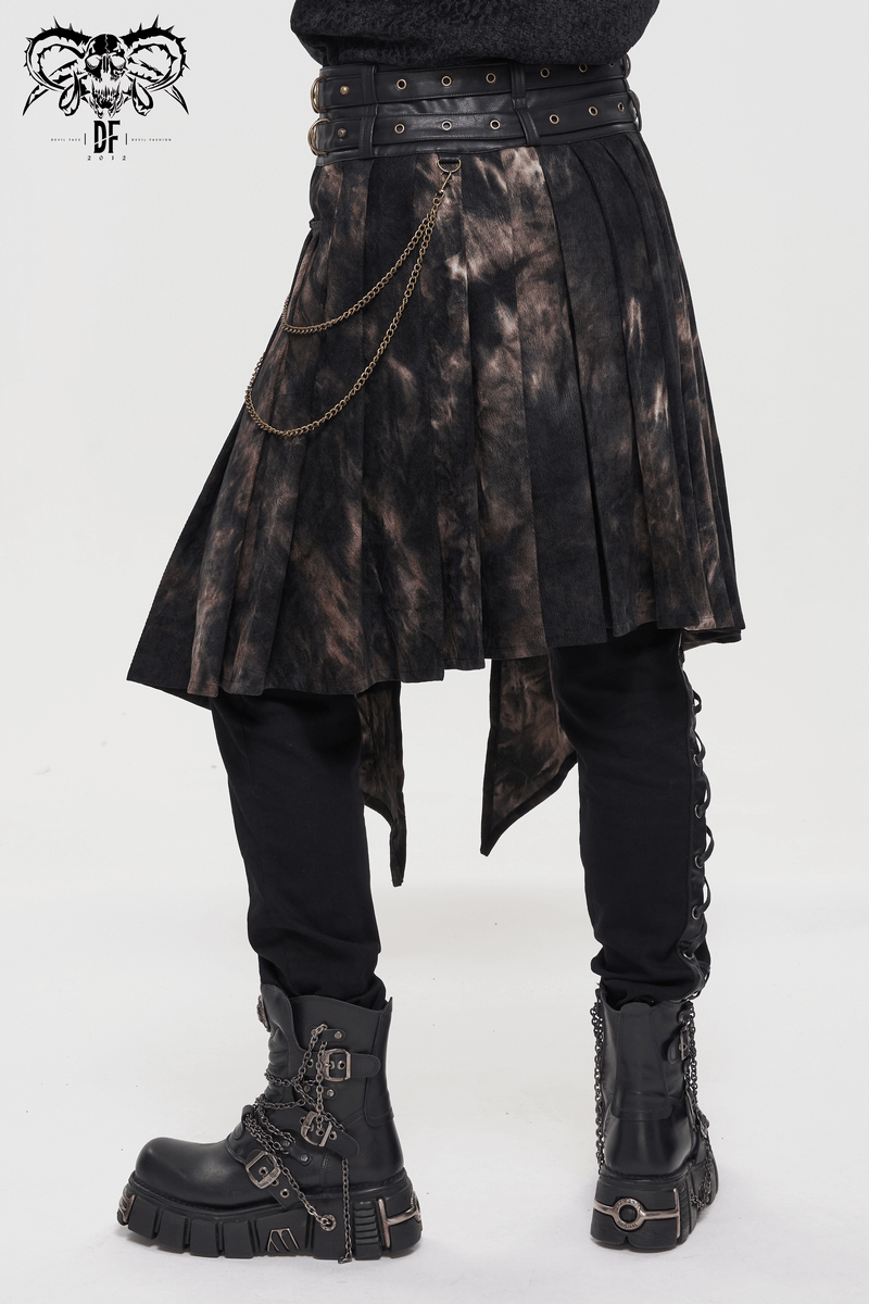 Gothic men's open front irregular half skirt with buckle belts, chains, and rivets, styled with black pants and boots.