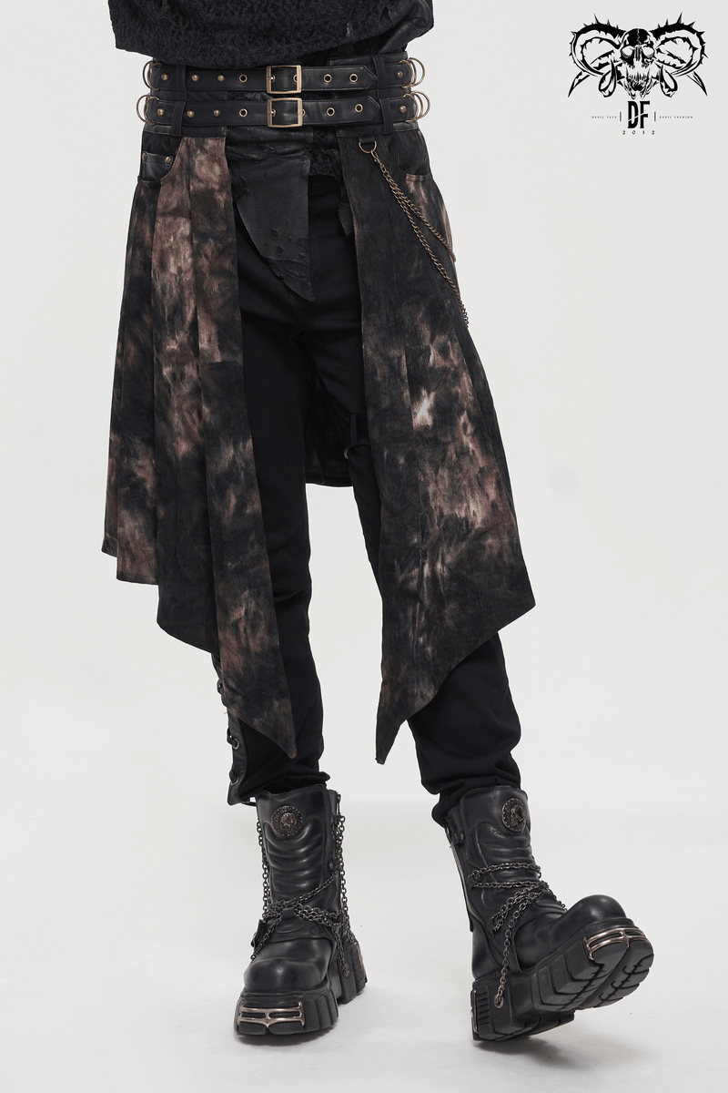 Gothic men's half skirt with buckle belts, chains, and a stylish asymmetrical cut, paired with rugged boots.