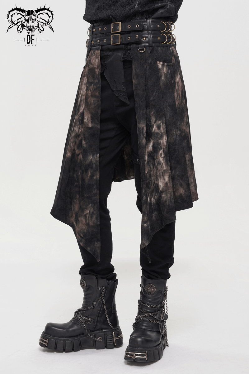 Gothic men's irregular half skirt with buckle belts and unique tie-dye pattern, paired with stylish boots.