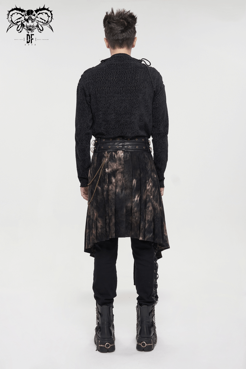Back view of a stylish men's gothic half skirt featuring asymmetrical cut, chains, and rivets.