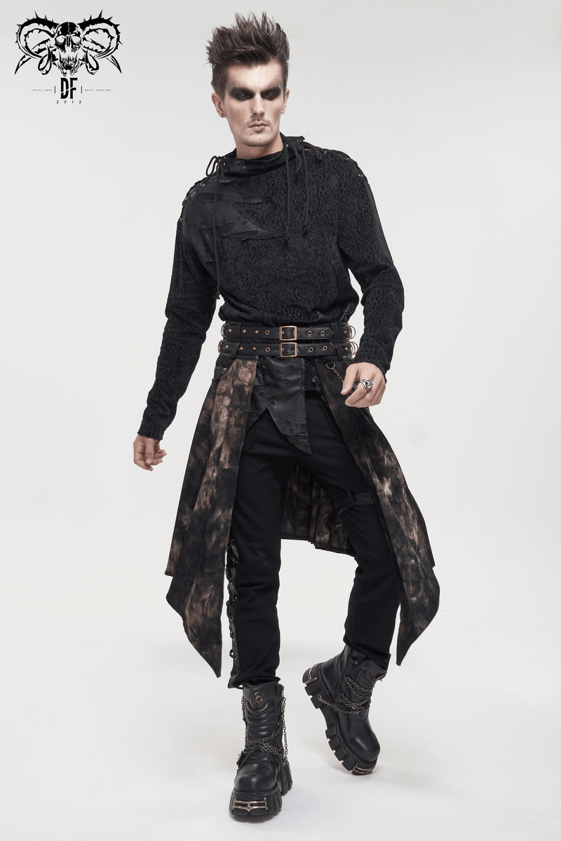 Gothic men's half skirt with asymmetric cut, bronze chains, and rivets, styled with a black hoodie and combat boots.