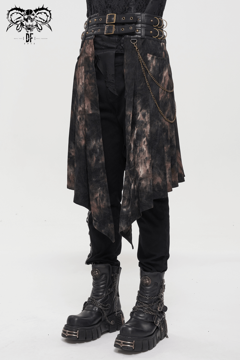 Gothic half skirt with asymmetrical cut, buckle belts, and chains, styled with rugged black boots.