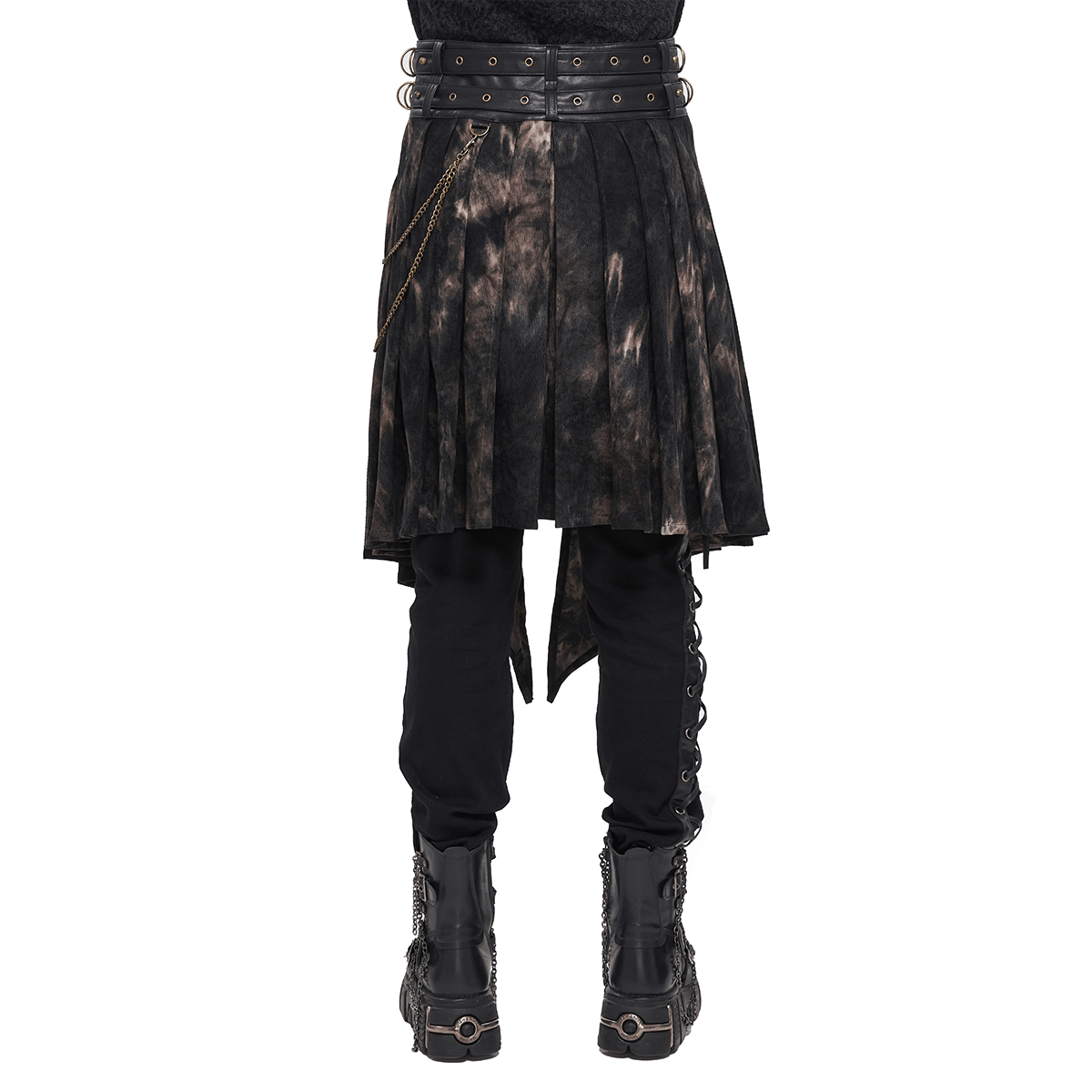Gothic men's half skirt with buckle belts, chains, and rivets, featuring an asymmetrical design and stylish pleats.