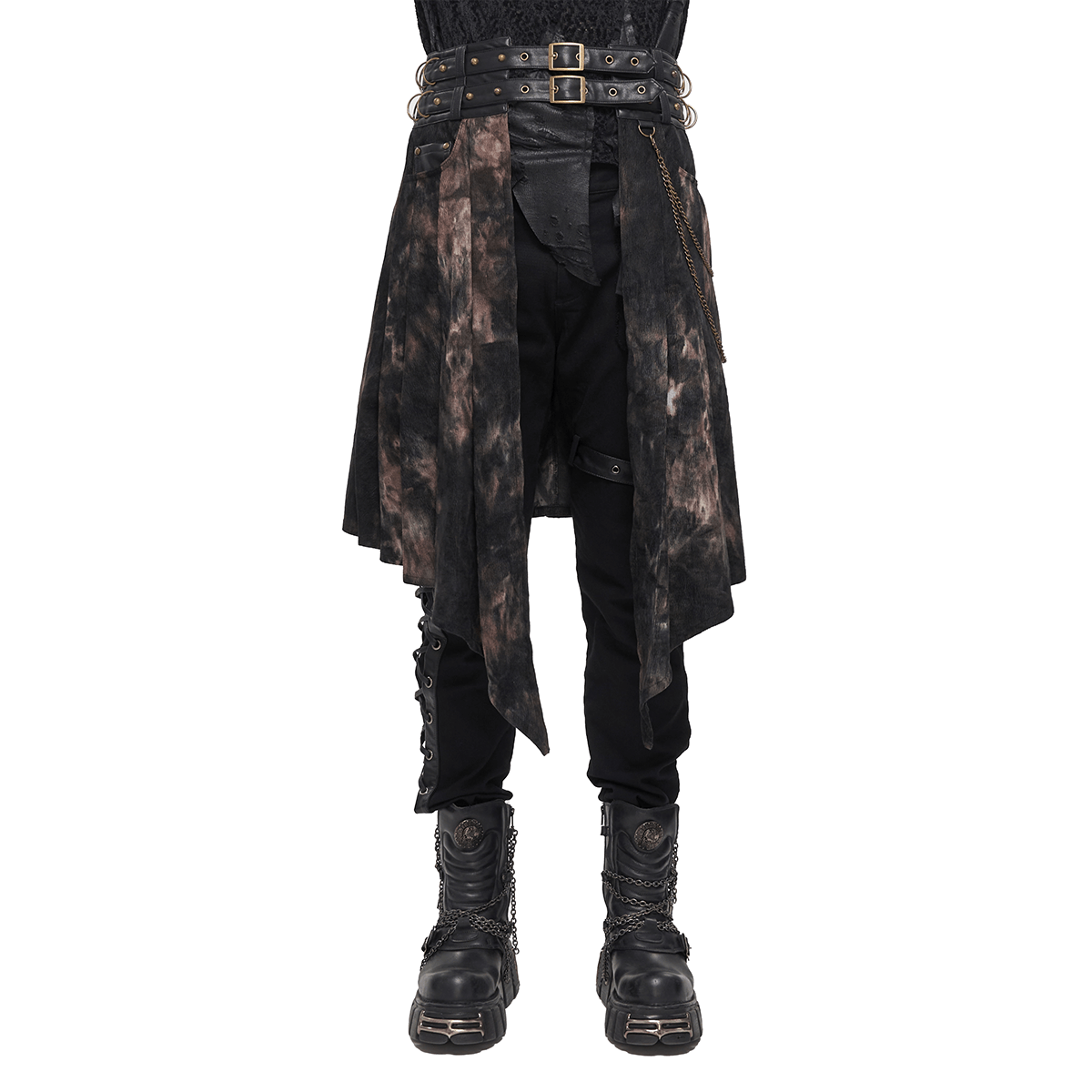 Gothic open front irregular half skirt with buckle belts, chains, and rivets on a model, paired with stylish black boots.