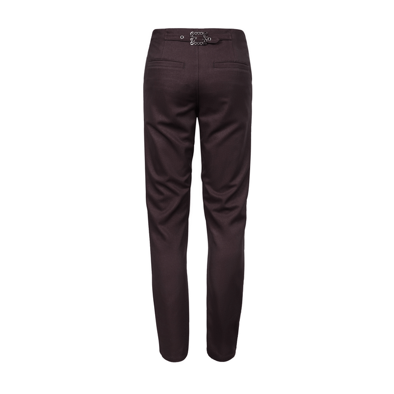 Back view of men's gothic wine pants with lace detail and buckle belt, showcasing stylish design and quality fabric.