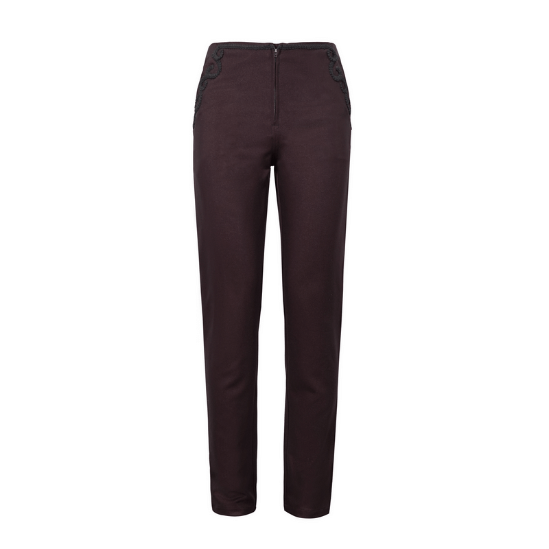 Gothic men's wine pants with lace pattern on side pockets and front zip, featuring a buckle belt on the back.