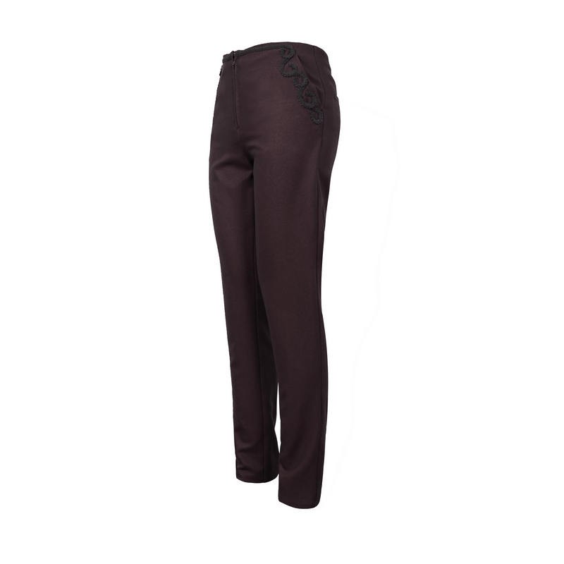 Men's wine gothic pants with lace pattern on side pockets and front zip, stylish and semi-fitted.