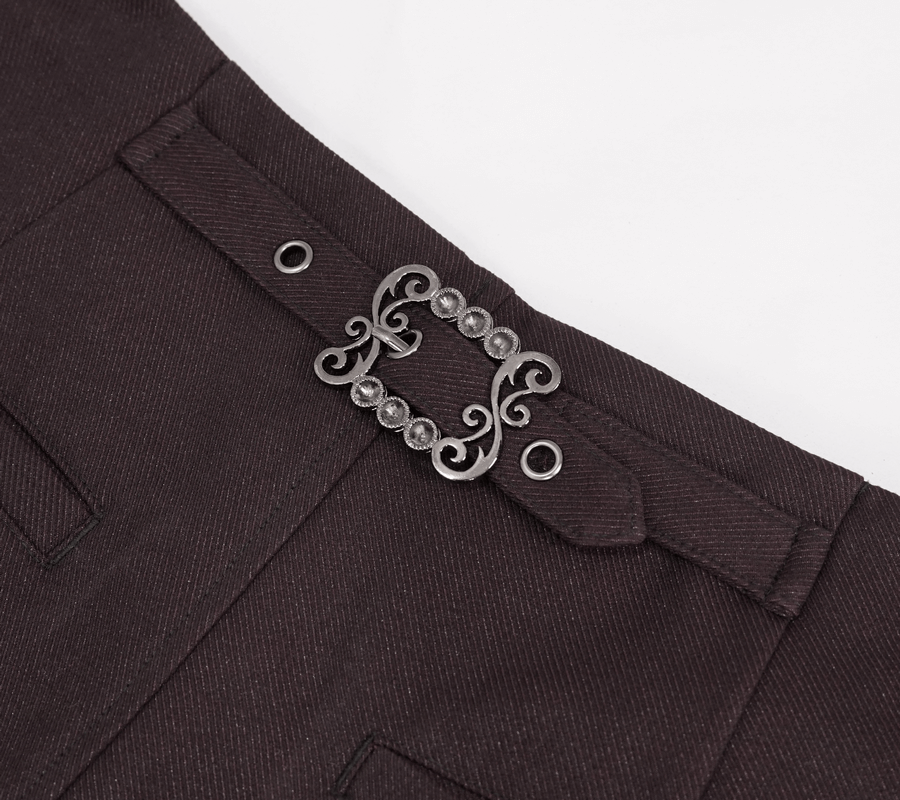 Close-up of a stylish buckle belt detail on men's gothic wine pants, featuring intricate metal design on the waistband.