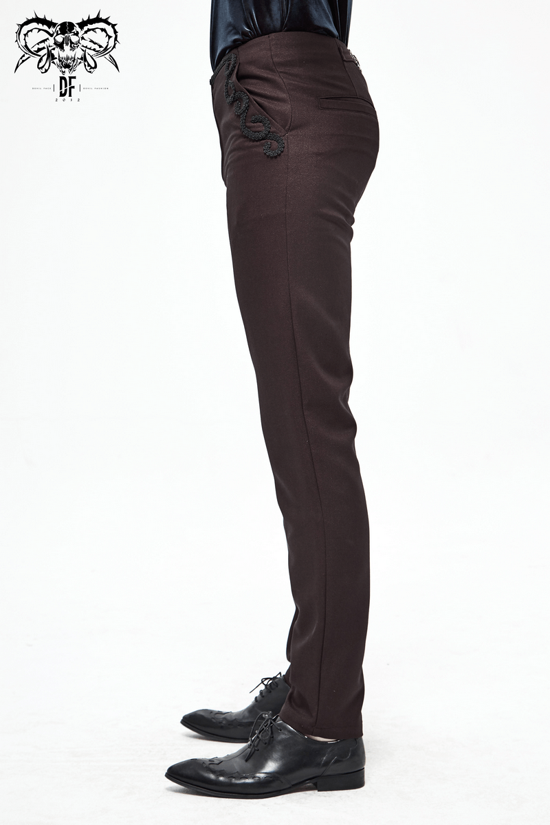 Gothic wine pants for men featuring lace pattern on side pockets, semi-fitted cut, and stylish buckle detail.