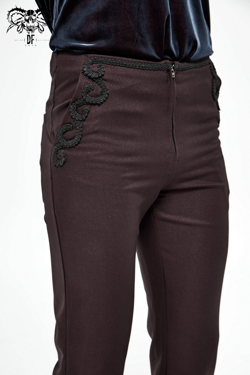 Men's gothic wine pants featuring stylish lace pattern on side pockets and front zip closure.
