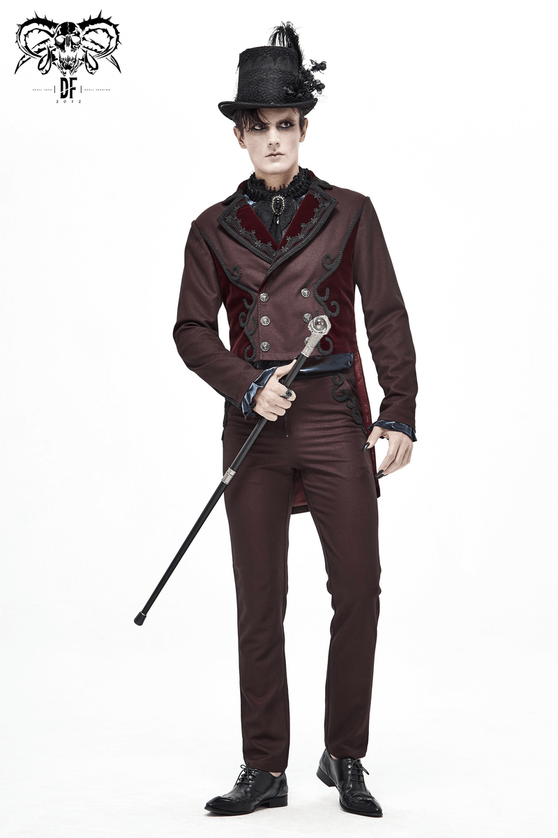 Stylish man in a gothic wine suit with a cane and hat, showcasing elegant fashion. Perfect for gothic or steampunk events.