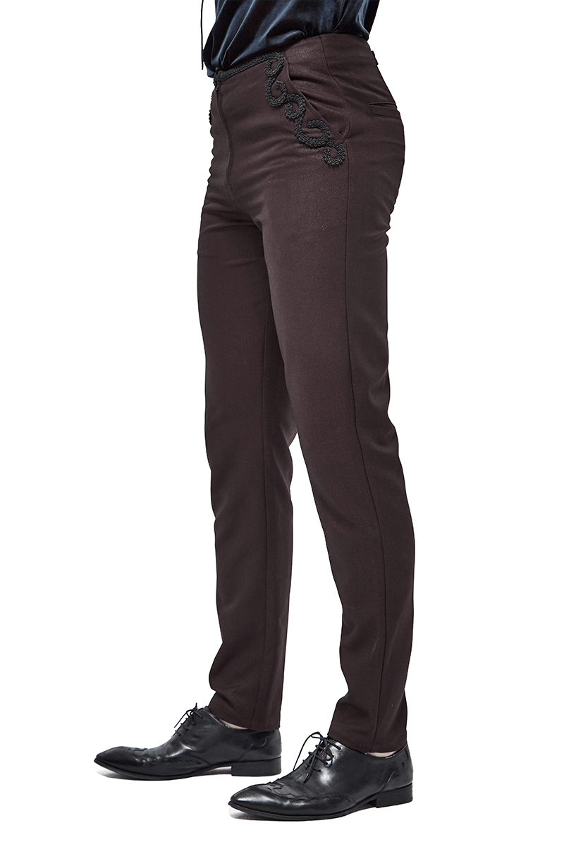 Men's gothic wine pants with lace pattern on pockets, front zip, and buckle belt, styled for a trendy look.