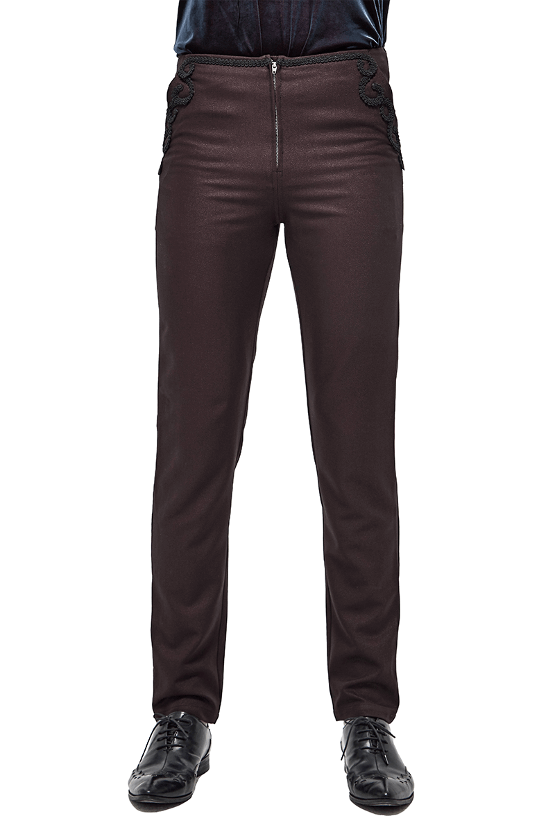 Men's gothic wine pants with lace pattern on side pockets and front zip, stylish buckle belt on back.