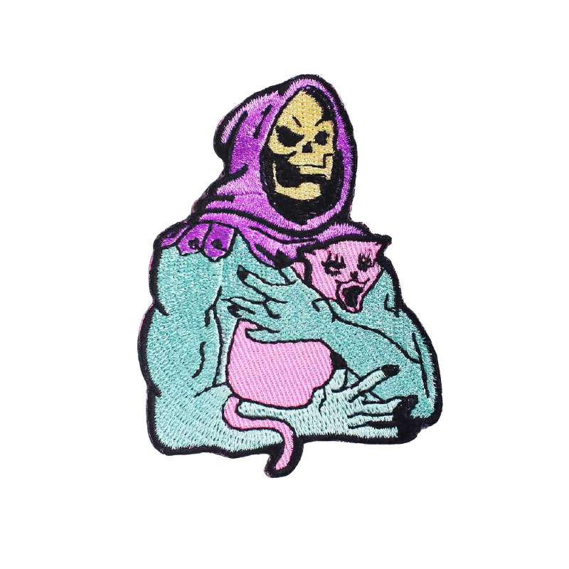 Gothic patch with a skull figure in a hood holding a pink cat, stylish unisex accessory for clothing.