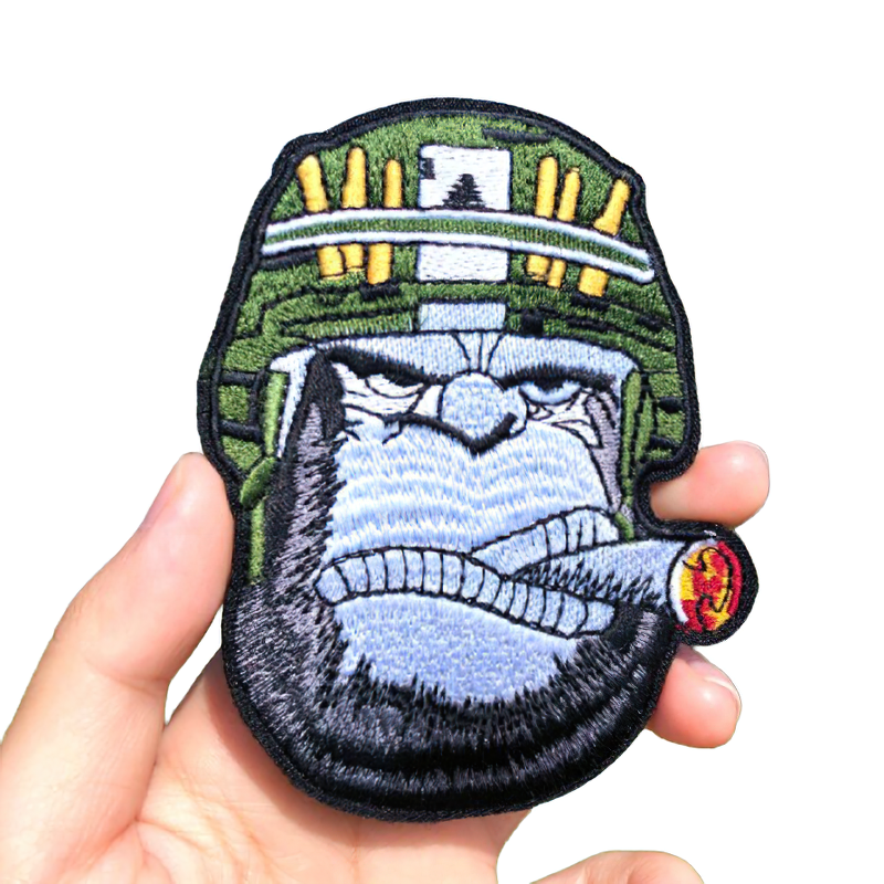 Gothic gorilla patch with a cigar and helmet, perfect for stylish unisex clothing accessories.