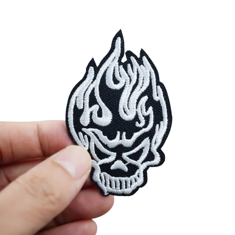 Gothic patch featuring a burning skull design, perfect for adding edgy style to your clothing.