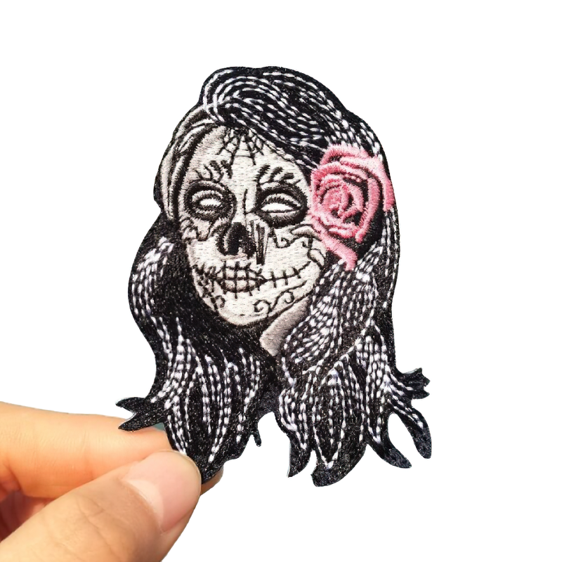 Gothic Day of the Dead patch featuring skull design with a rose, perfect for stylish clothing accessories.