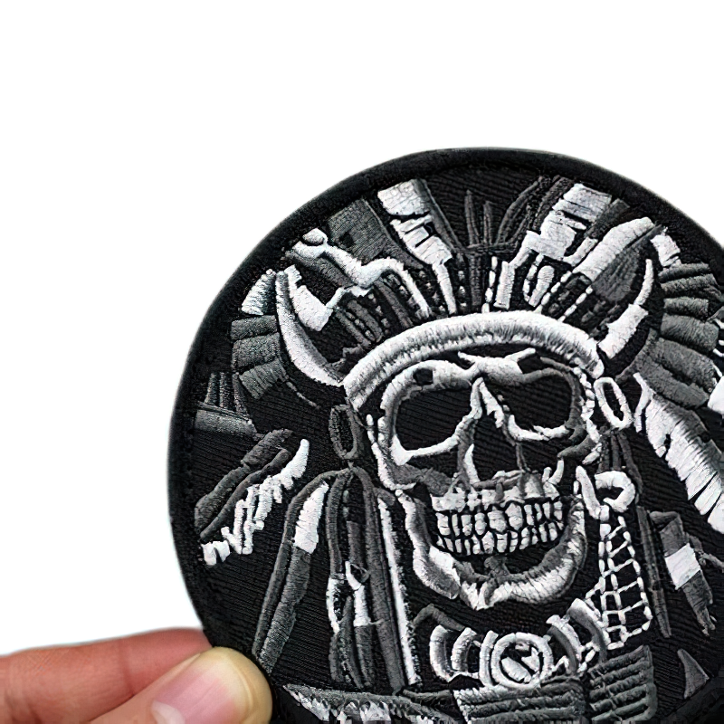 Gothic embroidered patch of an Indian skull, perfect for unisex alternative fashion accessories.