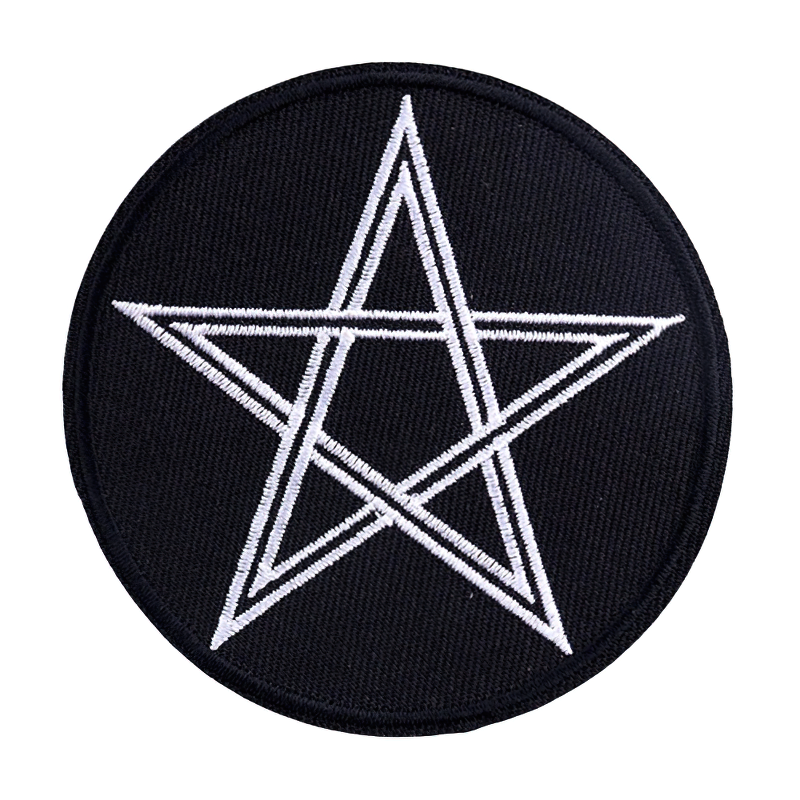 Gothic pentagram star iron-on patch for stylish clothing. Unisex embroidery accessory in black and white.