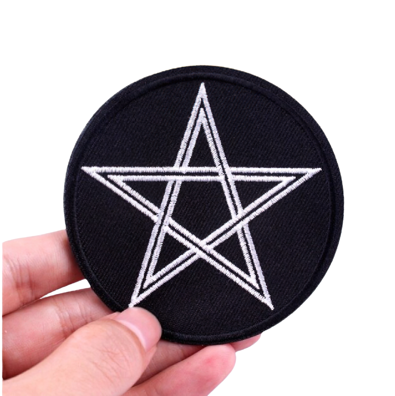 Gothic pentagram star patch, iron-on embroidery accessory, unisex style for clothing enhancement.
