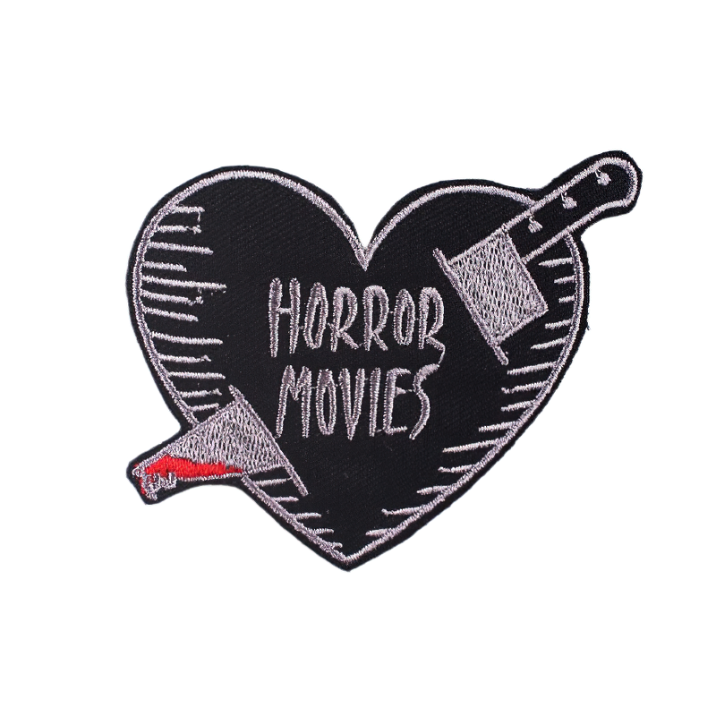 Gothic heart patch with knife design, featuring the text 'Horror Movies' in stylish unisex accessory for horror fans.