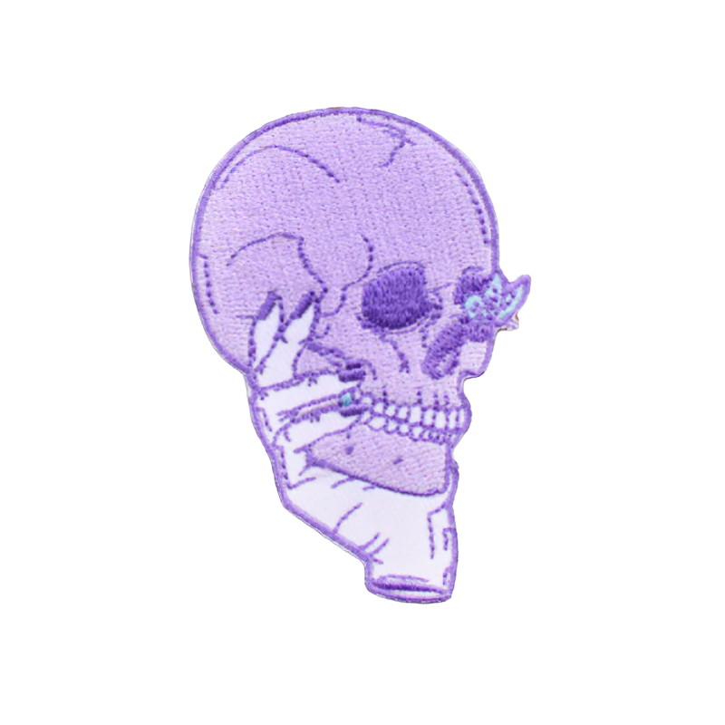 Gothic pink skull patch in hand design, stylish unisex accessory for clothing, perfect for enhancing your gothic look.