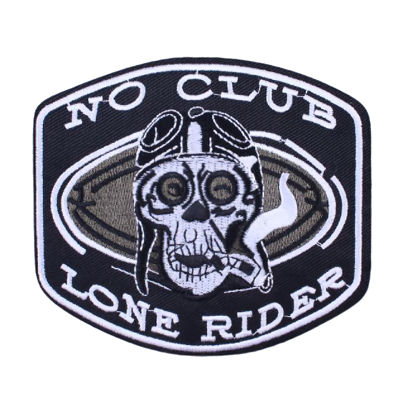 Gothic skull patch in pilot mask design with 'No Club Lone Rider' text, perfect for alternative fashion enthusiasts.