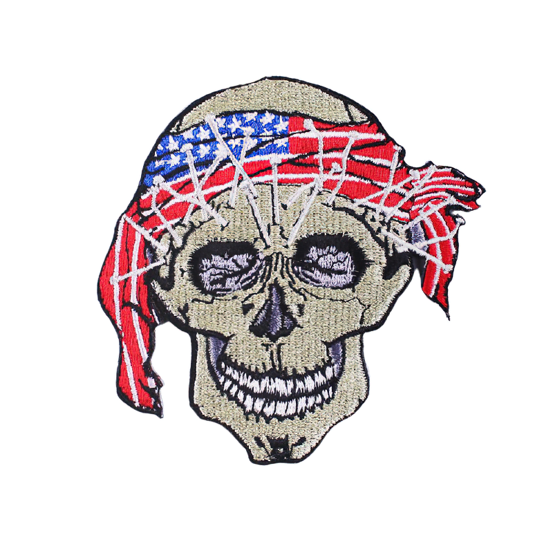 Gothic skull patch featuring the USA flag and spider web design, perfect for alternative fashion and clothing accessories.