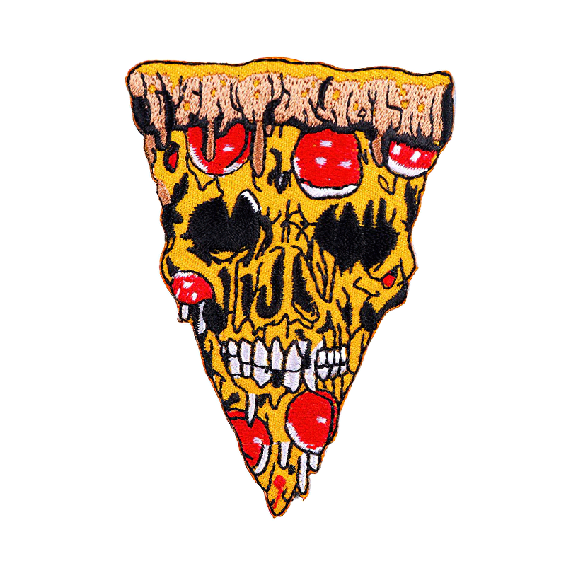 Gothic skull pizza patch for clothing, trendy unisex accessory in alternative fashion style.