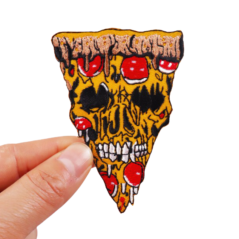 Gothic skull pizza patch, trendy unisex accessory for alternative fashion, perfect for stylish clothing decoration.