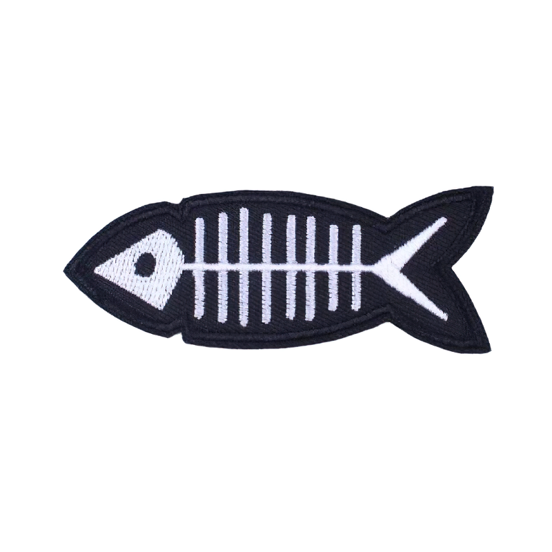 Gothic fish skeleton patch for clothing, great for casual rock style accessories and unique fashion statements.